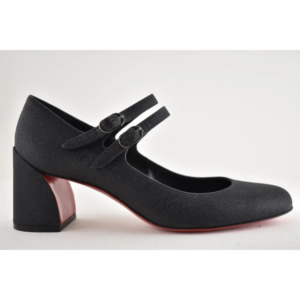 Christian Louboutin Miss Jane 55 Black Glitter Mary Jane Block Heel Pump 37.5